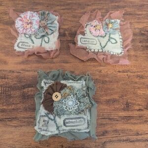 Set of 3 Vintage Slow Stitch Embroidery Floral Fabric Clusters-Junk Journal